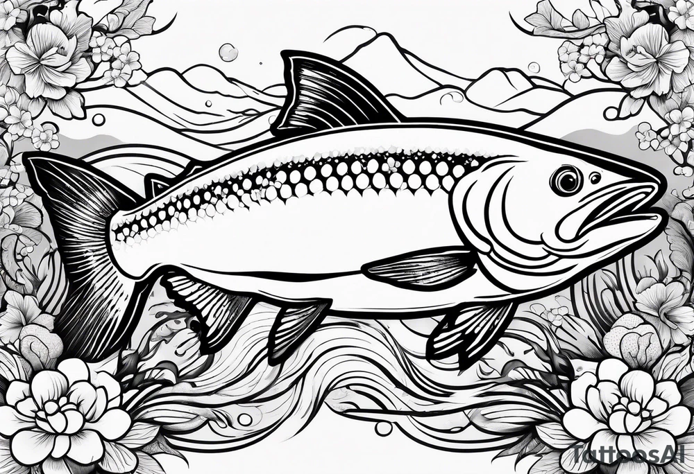 a majestic salmon surrounded by japanese floral elements tattoo idea