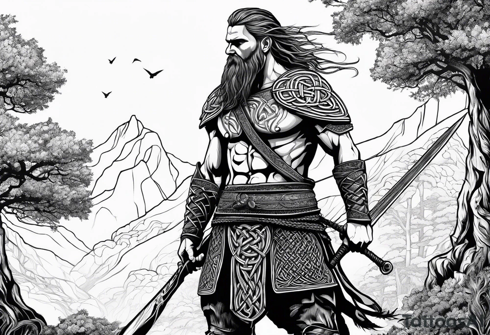 Full body side profile of a Celtic warrior with weapons. Background of trees tattoo idea