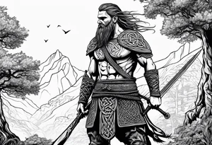 Full body side profile of a Celtic warrior with weapons. Background of trees tattoo idea