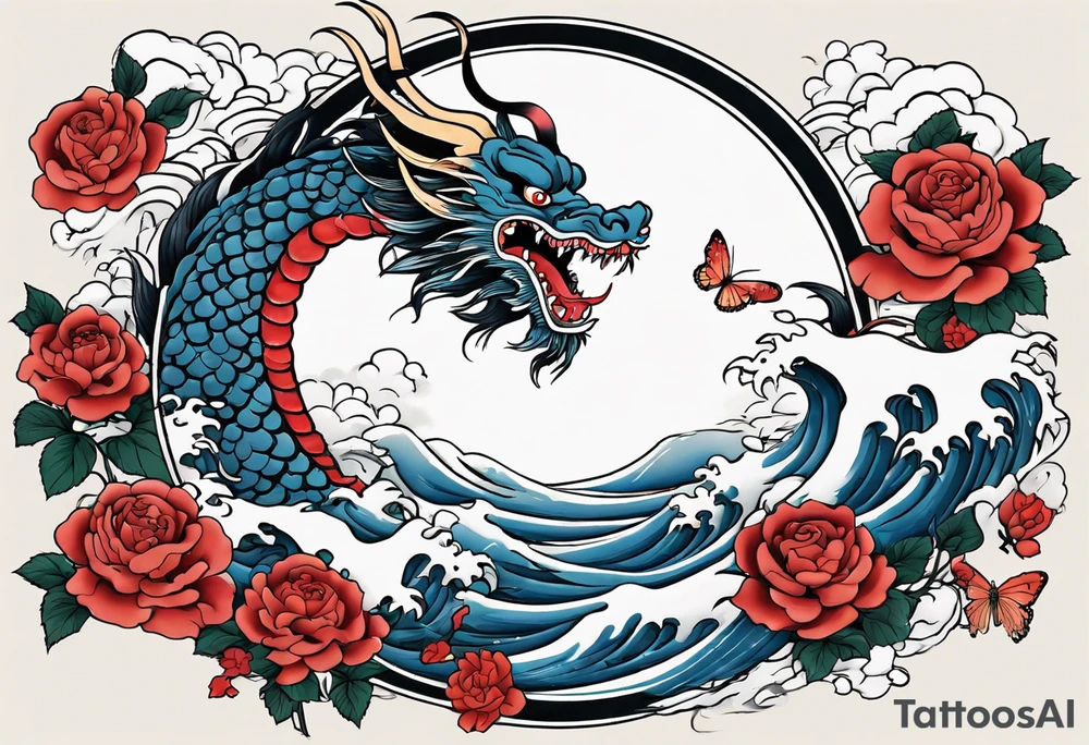 Filler Japanese or Chinese style background for traditional Chinese dragon, Hokusai great wave tattoo in a circle and a traditional rose and butterfly tattoo tattoo idea