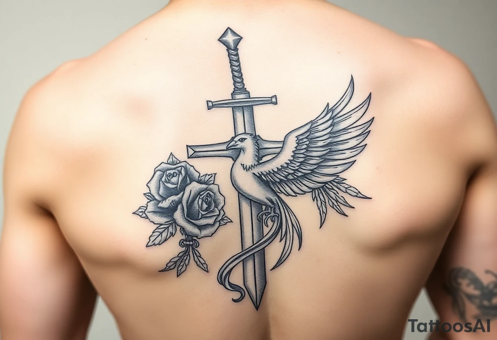 Cross sword darkened in with roses pearls and a phoenix rising from the ashes feminine but powerful tattoo idea