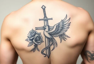 Cross sword darkened in with roses pearls and a phoenix rising from the ashes feminine but powerful tattoo idea