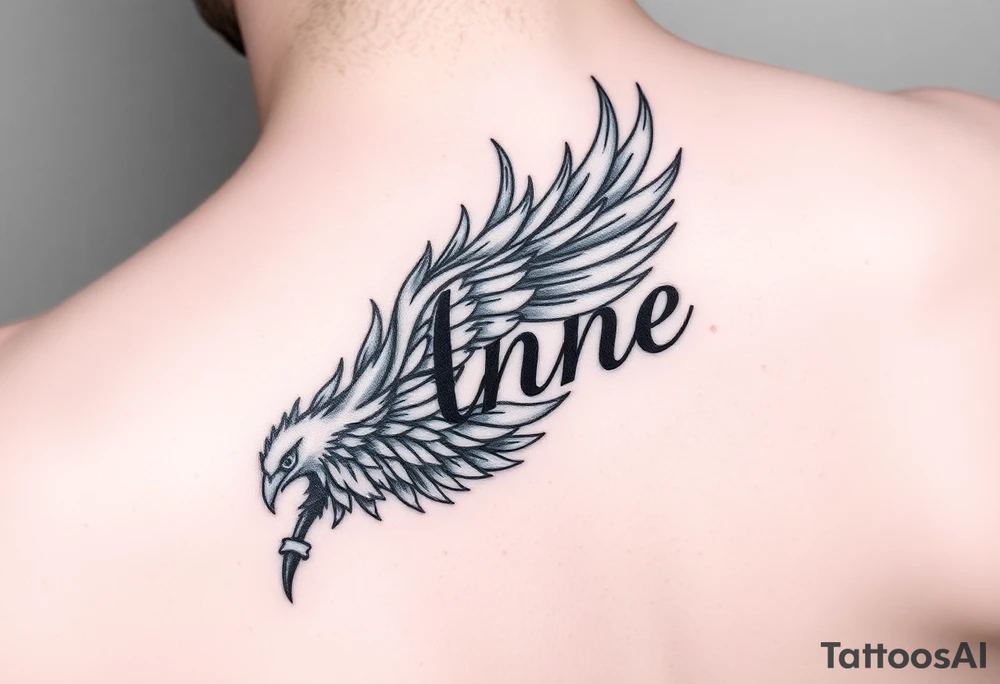 the name Anne in a burning phoenix feather tattoo idea