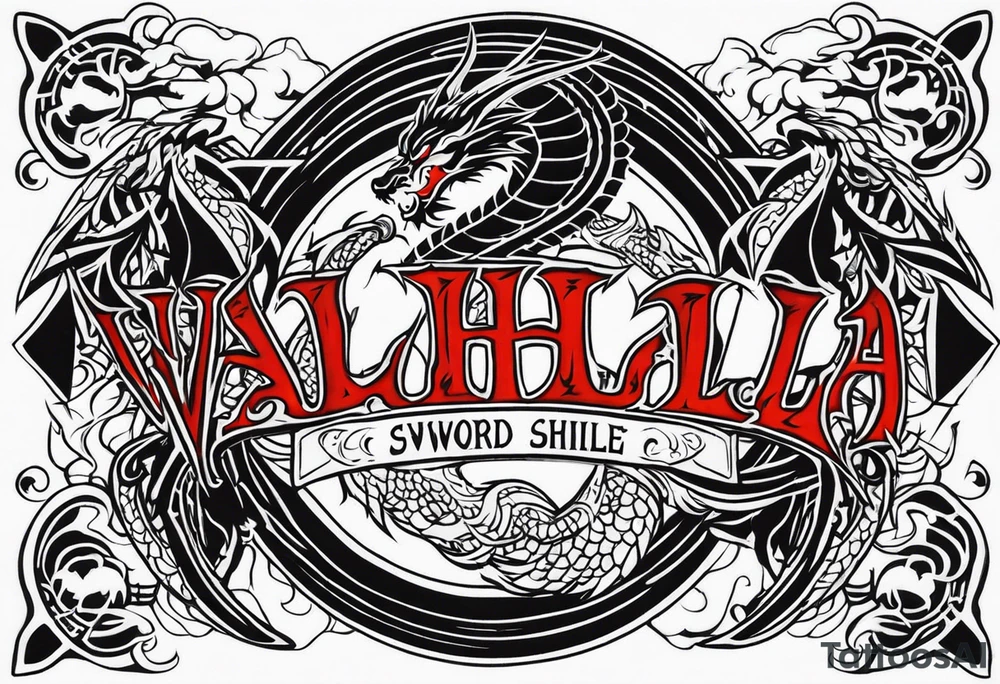 Valhalla sword shield dragon fire tattoo idea