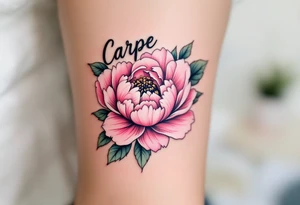 "Carpe Diem" in fine-line black ink curling around a soft pink peony. tattoo idea