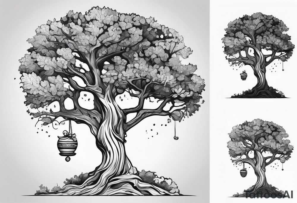 One line tattoo of oak tree with little gift at the bottom tattoo idea