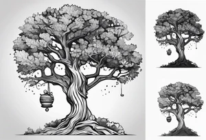 One line tattoo of oak tree with little gift at the bottom tattoo idea