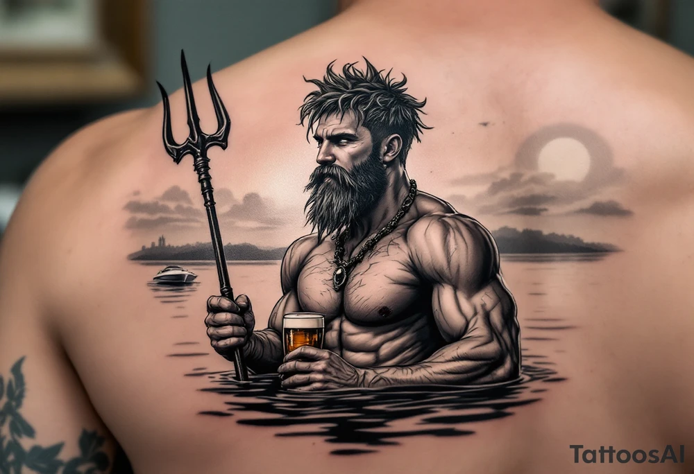 young, happy, fit, short hair, poseidon in calm water, holding a trident, drinking a beer, with sunset, with ski boat tattoo idea