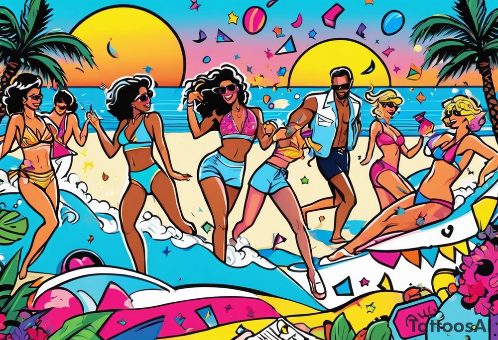 1980's miami vice style beach dance 
party, include confetti, music notes, boom box, bikinis sunset in the center tattoo idea