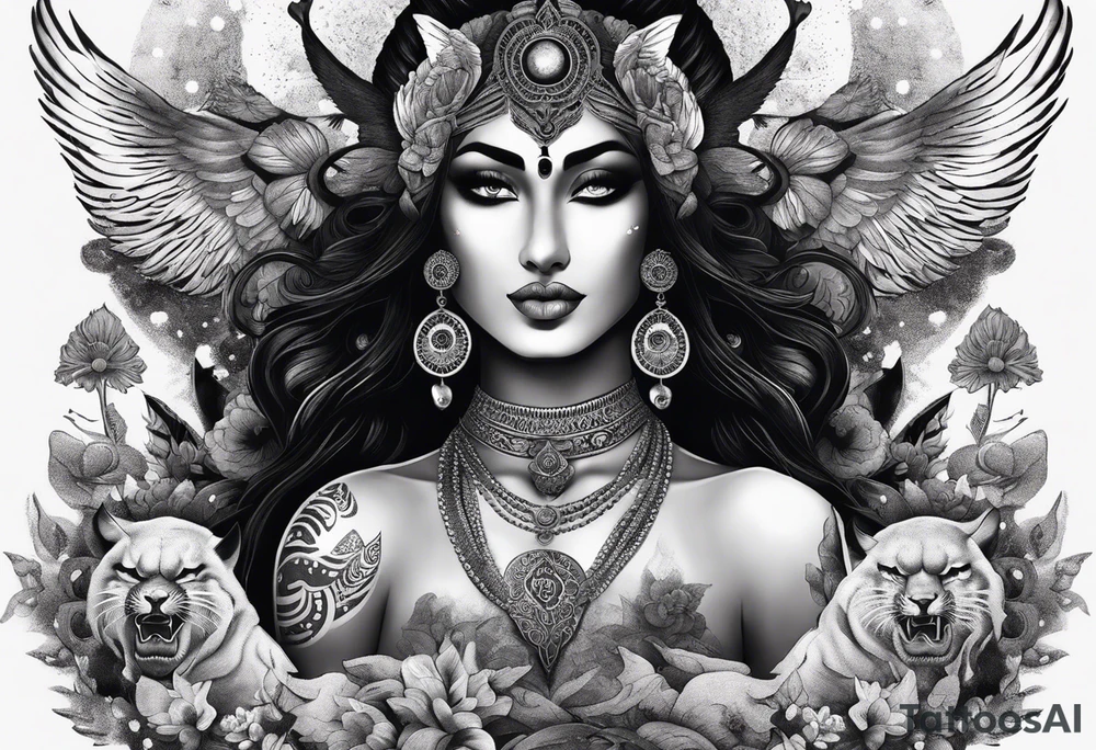 black kali, goddess pirate, alien, angel, pachamama, valkrye, warrior, flying, skull, lotus azul, wing, eagle, zenza resonance, stars, 5D, anahata chakra, death, durga, riding on a tiger, flying lady, kundalini, chest tatoo, samuri, rebel, serpent tattoo idea