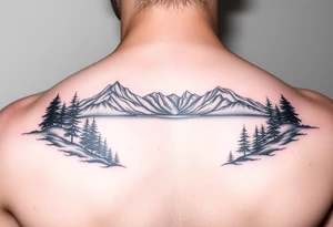 A vignette with a lake and mountains with trees tattoo idea