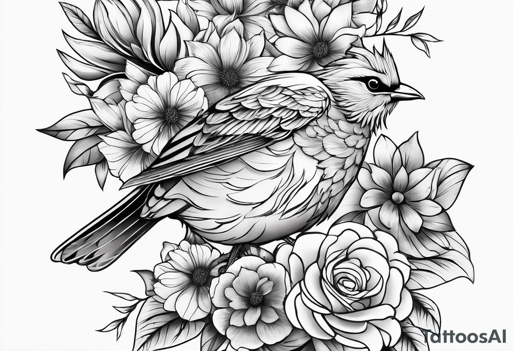 traditional style
leg sleeve with a bird and flowers tattoo idea