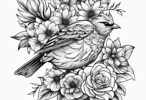 traditional style
leg sleeve with a bird and flowers tattoo idea