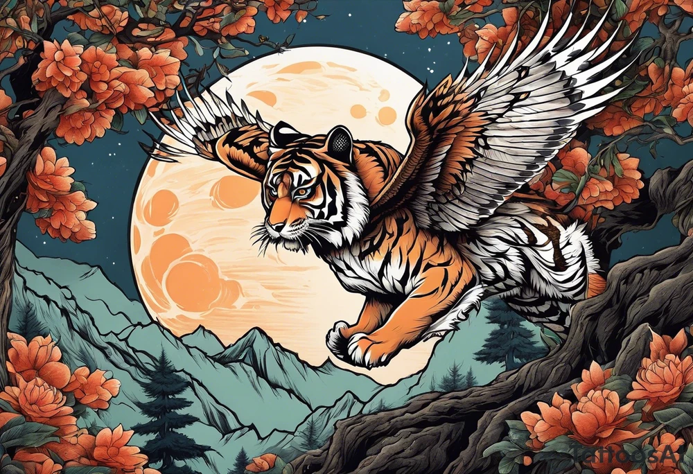 Tiger clawing a flying owl underneath a full moon in a forest tattoo idea