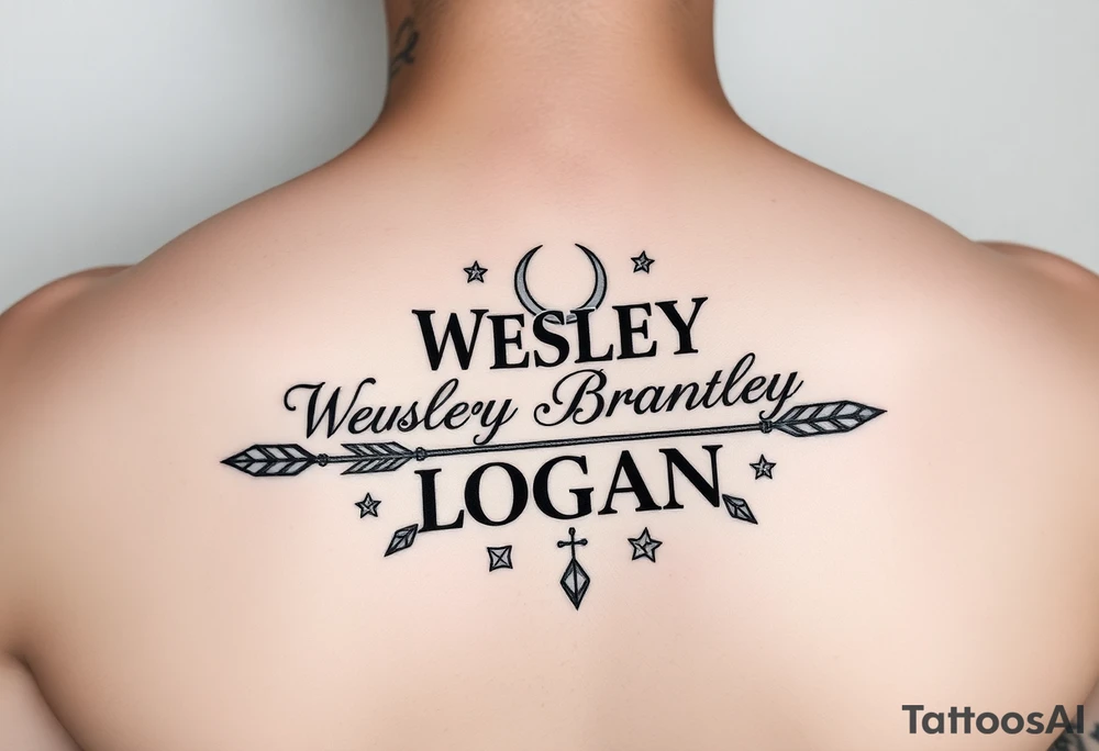 Name Wesley Brantley Logan with arrows and moons and stars tattoo idea