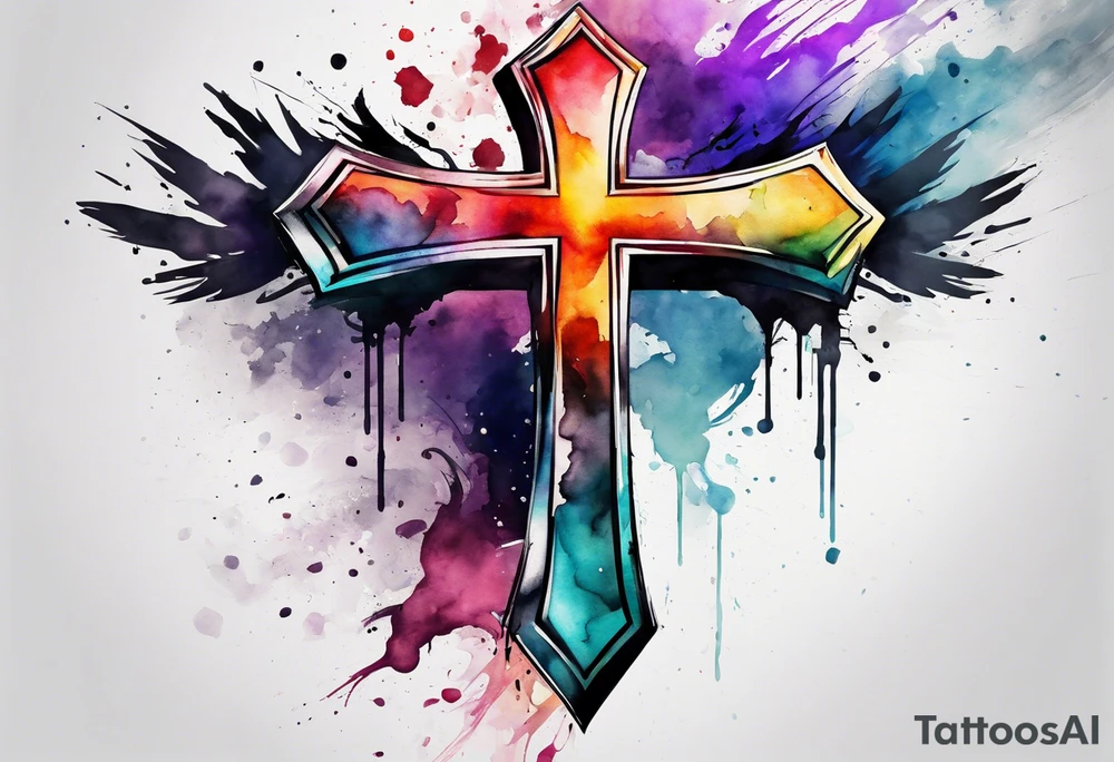 cross with watercolor backgound tattoo idea