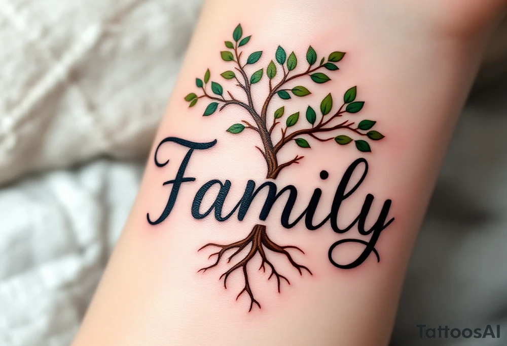Family written in bold serif letters beneath a tree with green leaves and brown roots entwining into the text. tattoo idea