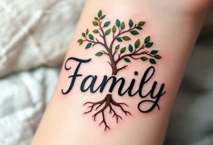 Family written in bold serif letters beneath a tree with green leaves and brown roots entwining into the text. tattoo idea