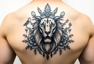 powerful majestic lion with a crown, surrounded by floral ornaments and birds tattoo idea