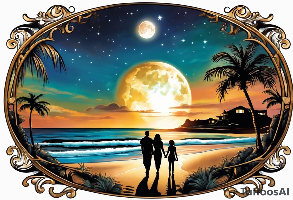 Create a stunning image of a realistic tattoo design that features a husband and wife holding hands, accompanied by their two children, walking along a beautiful beach. The moon shines radiantly in the night sky, illuminating the serene scene. Let your creativity flourish as you envision the intricate details that bring this tattoo to life, encapsulating the essence of love, family, and the awe-inspiring beauty of nature. tattoo idea
