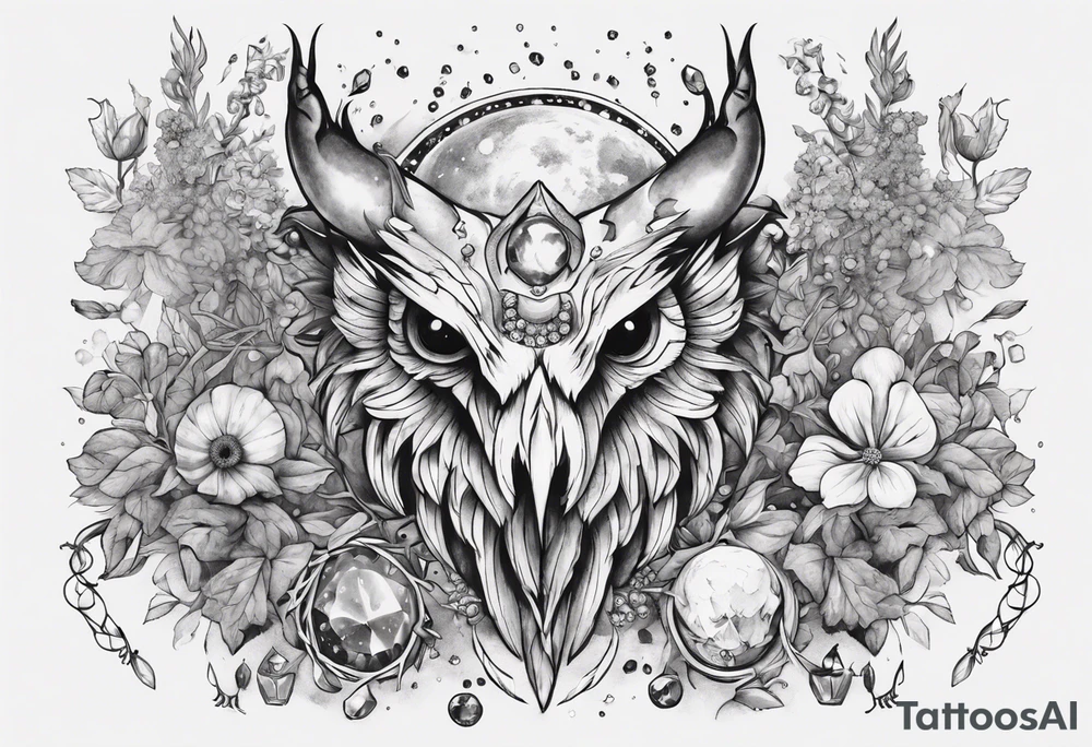The demon Stolas surrounded by gems, astronomy and herbs tattoo idea