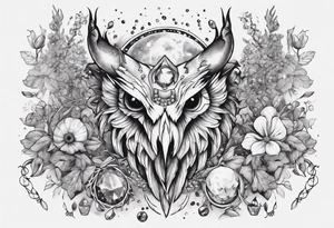 The demon Stolas surrounded by gems, astronomy and herbs tattoo idea