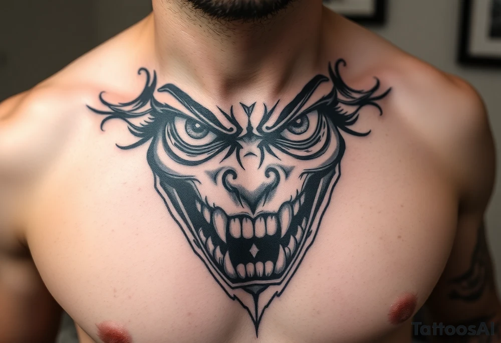 Eyes big and small on my chest for a man terrorizing with his eyes and very large teeth tattoo idea