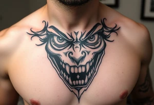 Eyes big and small on my chest for a man terrorizing with his eyes and very large teeth tattoo idea