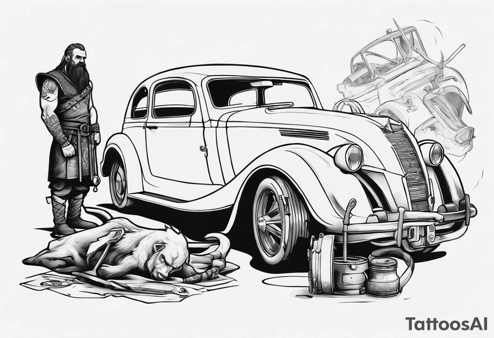A Viking sitting next to a vintage car being built tattoo idea