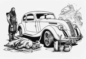 A Viking sitting next to a vintage car being built tattoo idea