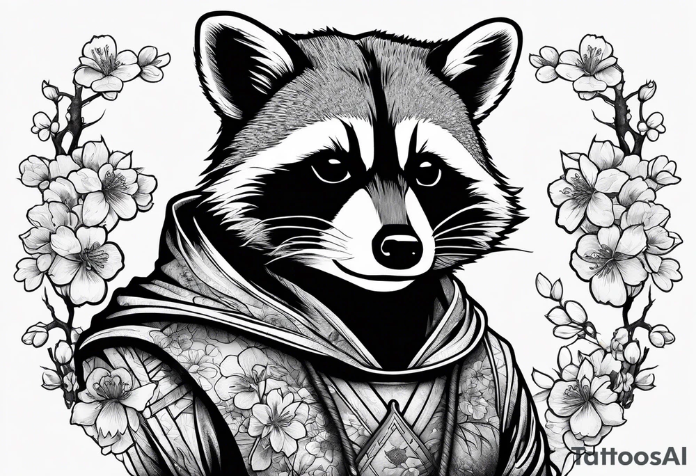 Raccoon wearing a Superman hoodie and Japanese cherry blossoms tattoo idea