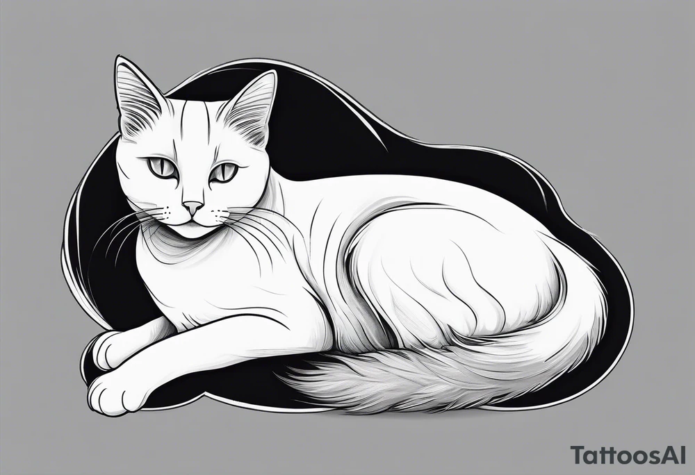 Simple line drawing of a grey cat white some small white patches on her belly and white paws. I want her curled up sleeping. tattoo idea