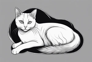 Simple line drawing of a grey cat white some small white patches on her belly and white paws. I want her curled up sleeping. tattoo idea