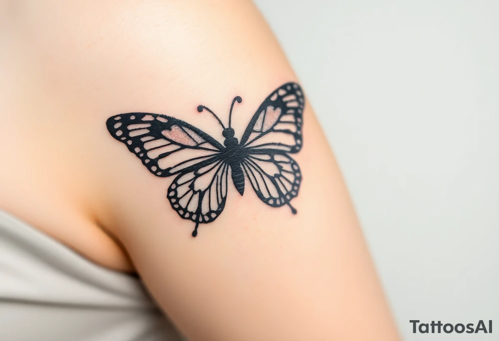 A black lace butterfly with intricately patterned wings, featuring subtle silver highlights tattoo idea