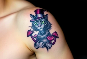 coloured cheshire cat, with top hat and mushrooms tattoo idea