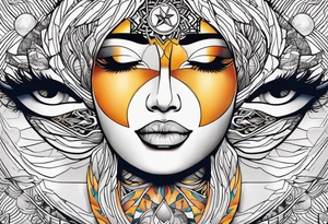 single face 
half of the face is a woman representing the sun, and the second half is a man representing the moon. The sun has a lake, and the moon has a desert nose. They are the same. tattoo idea