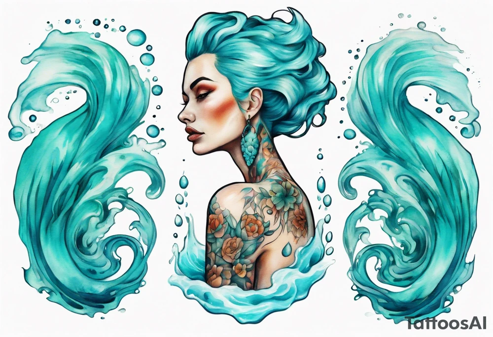 a tall woman made of water with turquoise hair sitting upon a wave tattoo idea