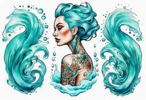 a tall woman made of water with turquoise hair sitting upon a wave tattoo idea