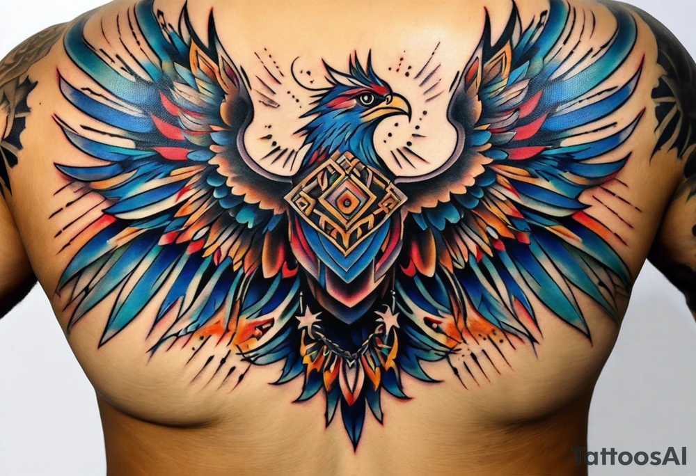 Wide tattoo that appears to be bursting out of the skin, symbolizing freedom. The tattoo should be vibrant and dynamic, with bold lines and colors that evoke a sense of liberation and empowerment. Consider incorporating elements such as broken chains, or other symbols of freedom. The tattoo should be visually striking and thought-provoking, inviting the viewer to reflect on the importance of personal freedom. tattoo idea