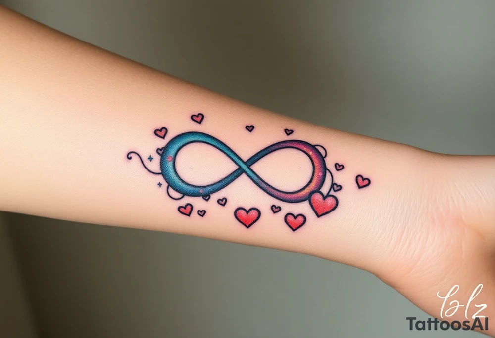One fully depicted infinity symbol and swirling galaxy patterns and hearts tattoo idea