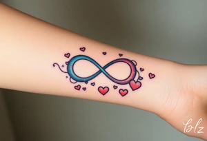 One fully depicted infinity symbol and swirling galaxy patterns and hearts tattoo idea