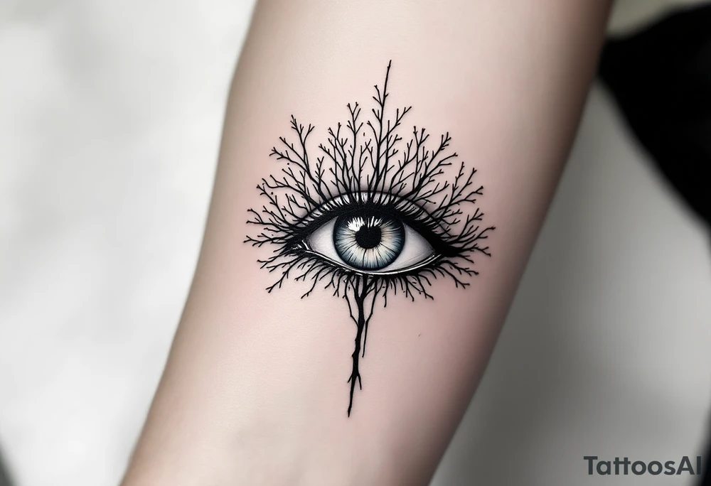 Minimalistic black line tattoo of an eye with its lines extending into tree branches, thin and abstract design. tattoo idea