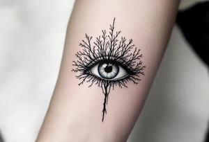 Minimalistic black line tattoo of an eye with its lines extending into tree branches, thin and abstract design. tattoo idea