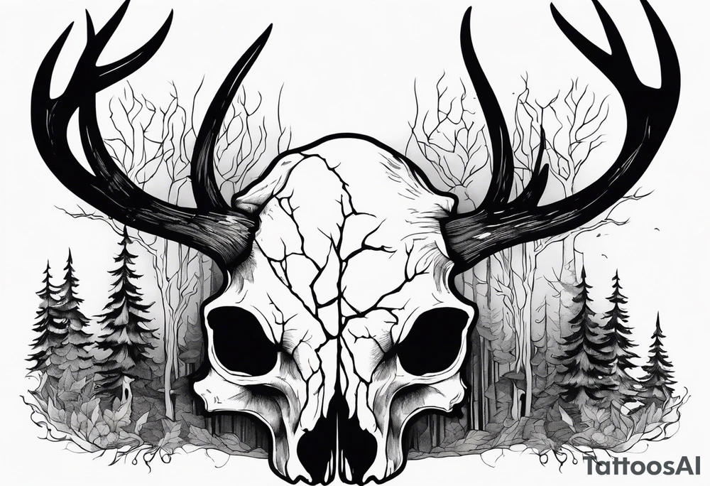 Halloween side view of a DECAYING deer skull JUST BONE surrounded by a forest fire in background tattoo idea