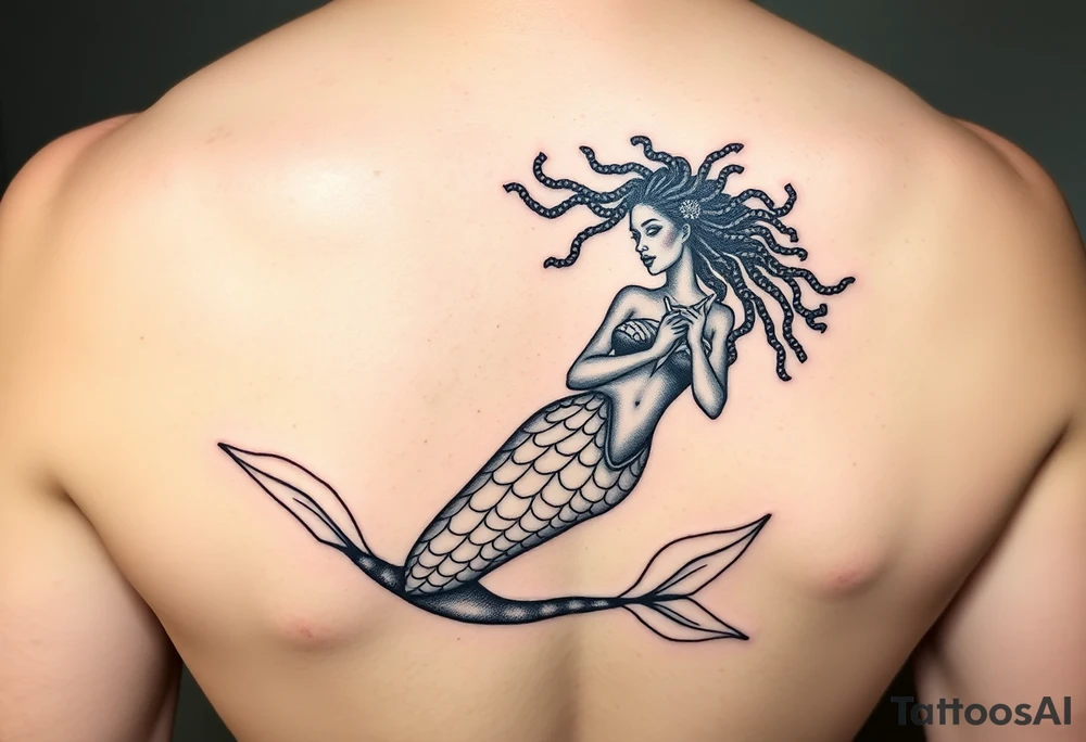 black woman mermaid with locs holding a starfish, floating majestical tattoo idea