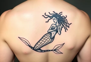 black woman mermaid with locs holding a starfish, floating majestical tattoo idea