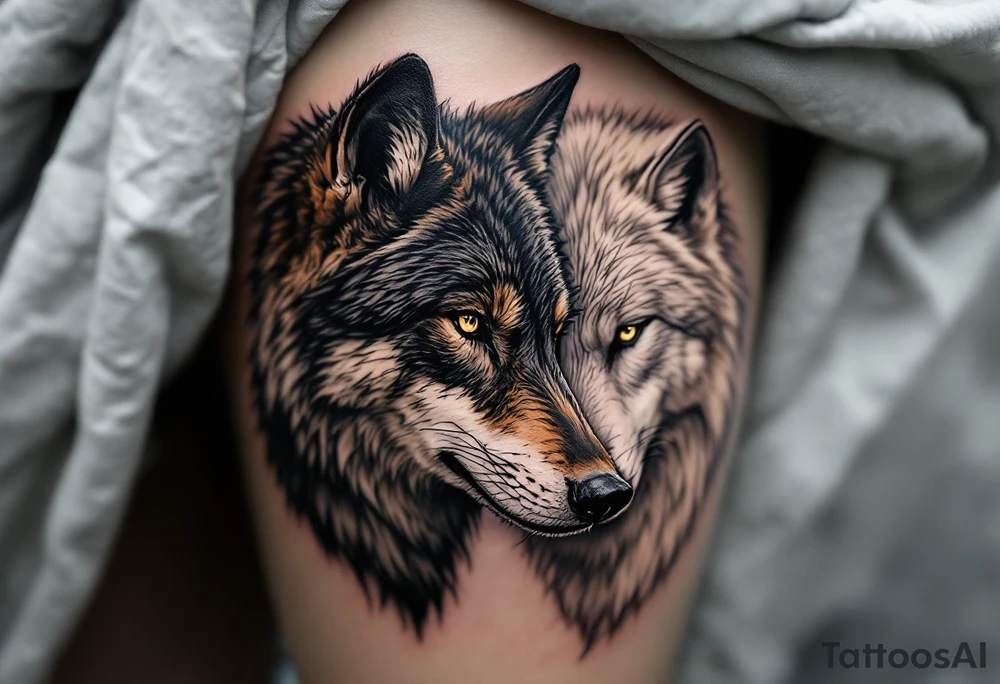 Black wolf and a white wolf side by side tattoo idea
