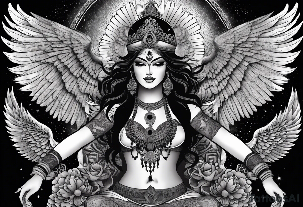 black kali, goddess pirate, alien, angel, pachamama, valkrye, warrior, flying, skull, lotus azul, wing, eagle, zenza resonance, stars, 5D, anahata chakra, death, durga, riding on a tiger, flying lady, kundalini, chest tatoo, samuri, rebel tattoo idea