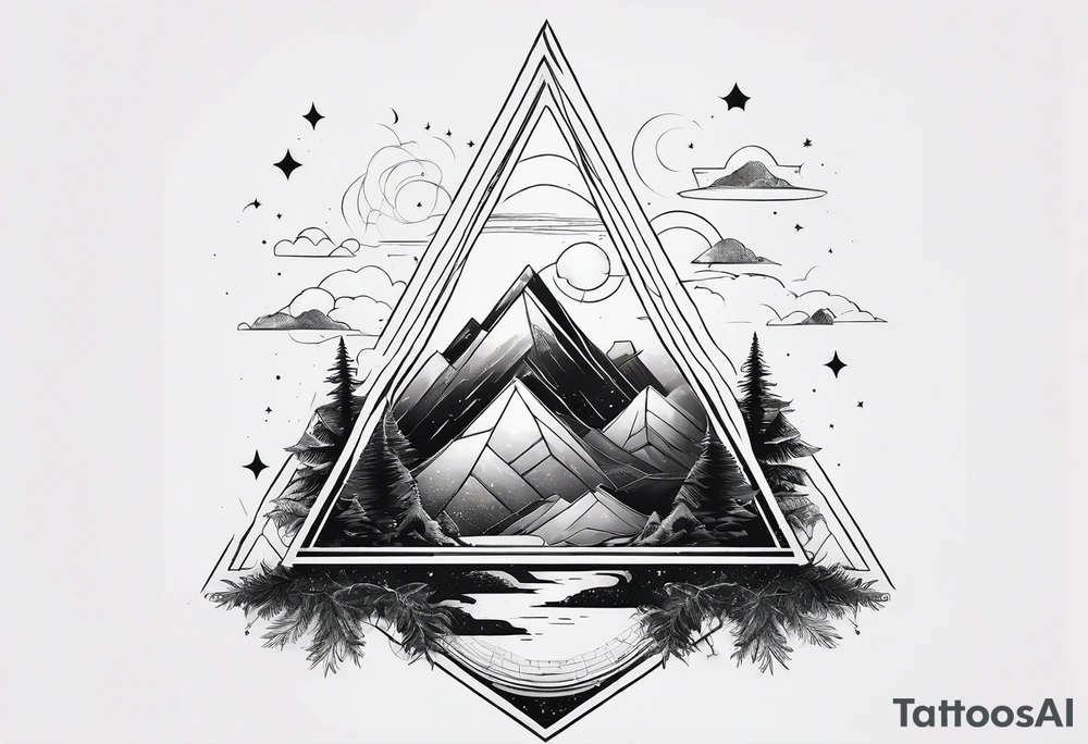 bold line art of space and nature in triangle shape tattoo idea