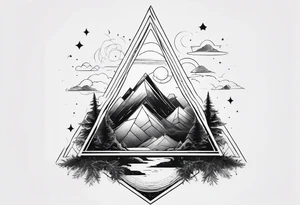 bold line art of space and nature in triangle shape tattoo idea